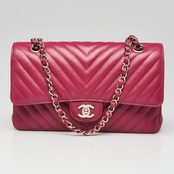 Chanel Fuchsia Chevron Quilted Lambskin Leather Classic Medium Double Flap Bag - Picture 1 of 11